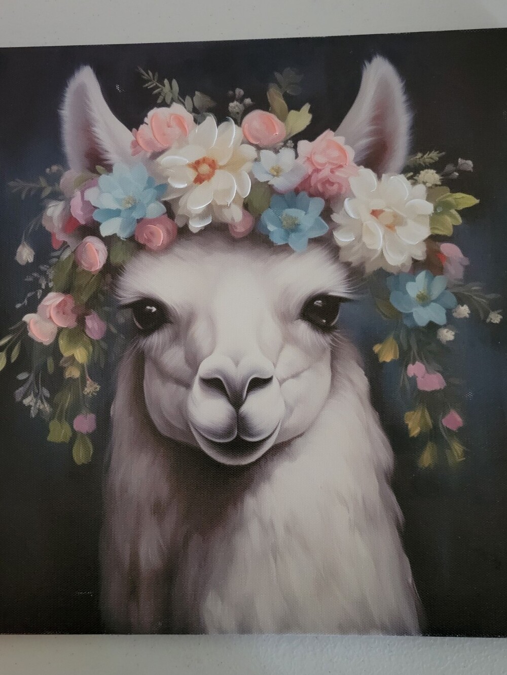 Floral Crown Llama Canvas Wall Art - White with Pastel Flowers